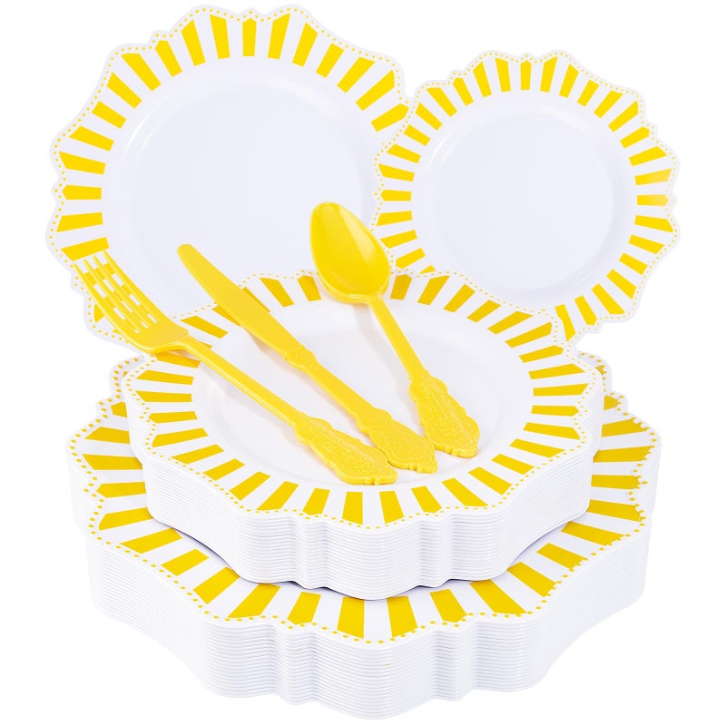 COLOSUS 150pcs Disposable White Lemon Yellow Striped Plastic Party Plates and Silverware set Yellow DinnerDessert Plates silverware 30guests for Easter Birthday Weeding Party and Daily use
